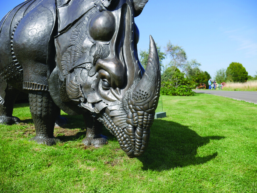 A bronze sculpture of the Rhino at the Garden of Heroes and Villans