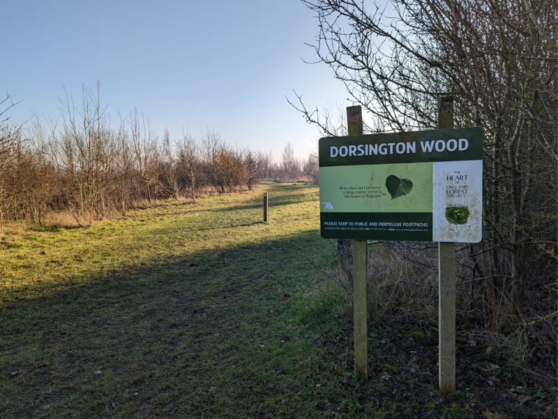 Close up of the Dorsington Wood sign in the Forest
