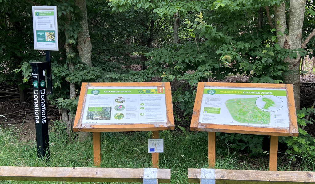 The informational boards in Giddings Wood car park