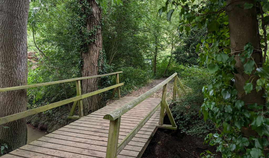 A wooden bridge crossing Noleham Brook.