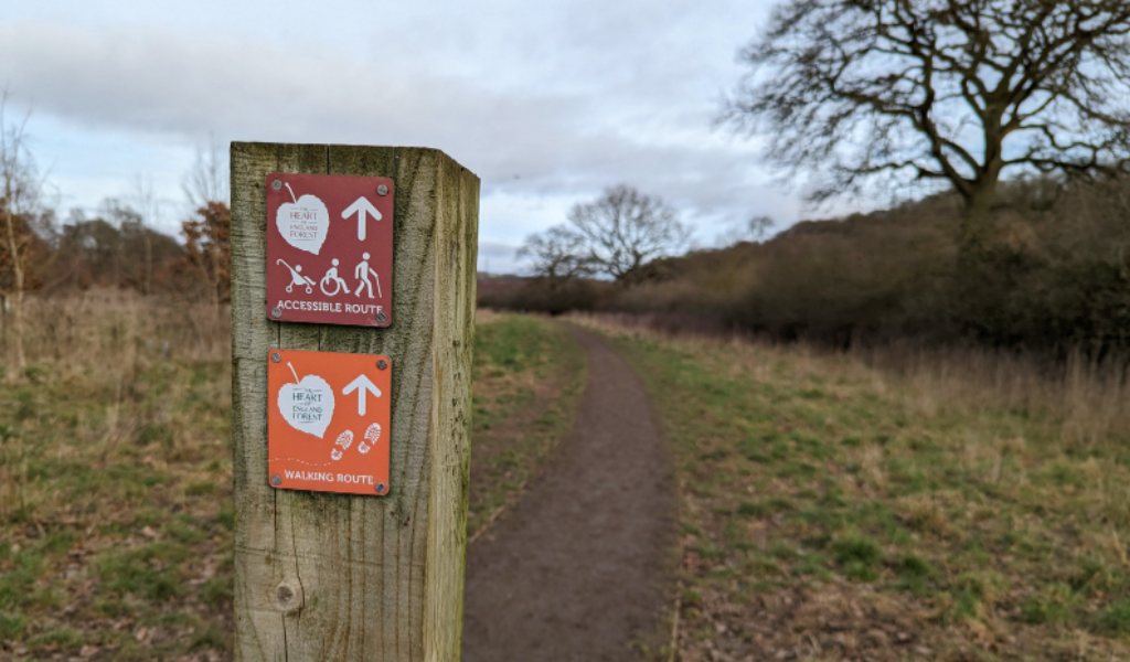 A waymarker post pointing ahead along the path at the beginning of walk