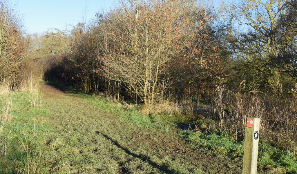 The footpath running adjacent to the River Arrow with a waymarker post in the right hand corner