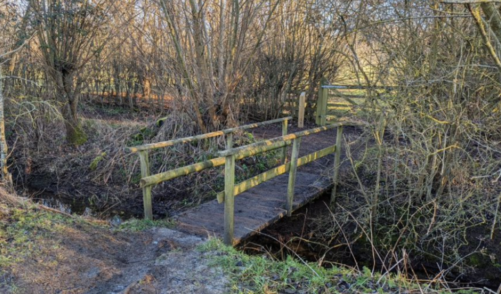 A view of a wooden bridge across Noleham Brook