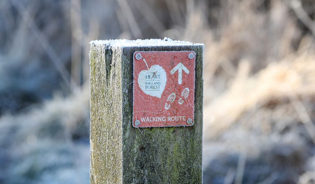 A close-up of a frosty waymarker post