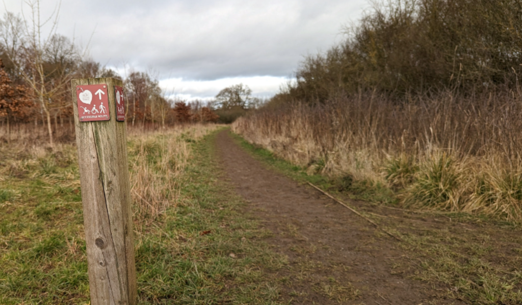 A waymarker post pointing ahead along the path at Morgrove Coppice