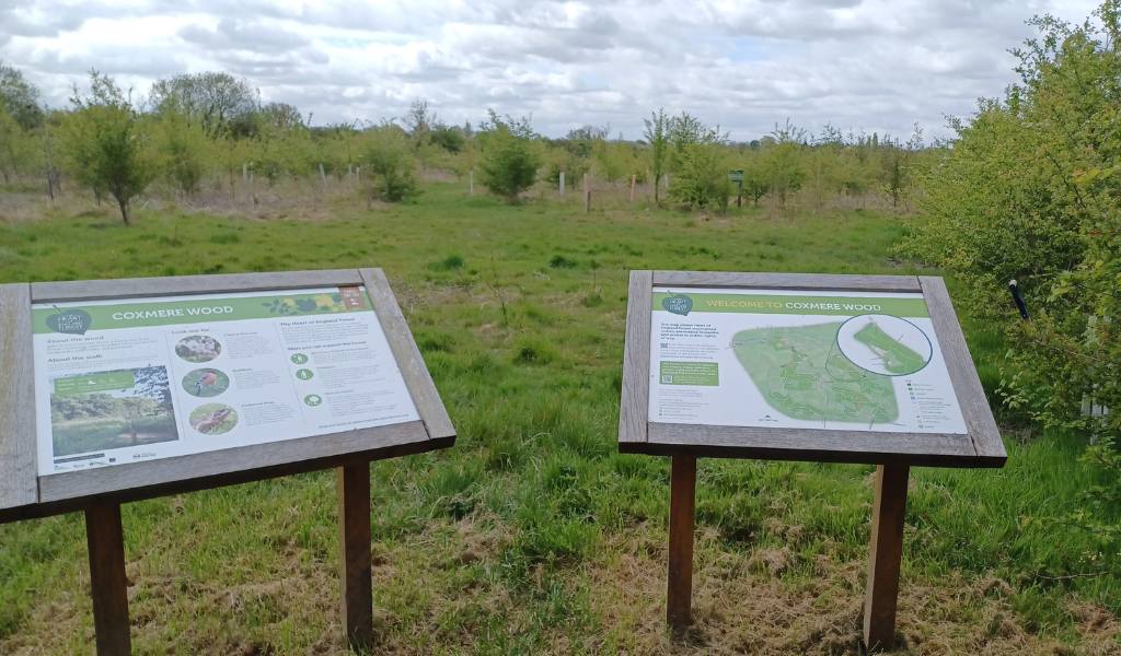 The informational boards at the car park at Coxmere Wood