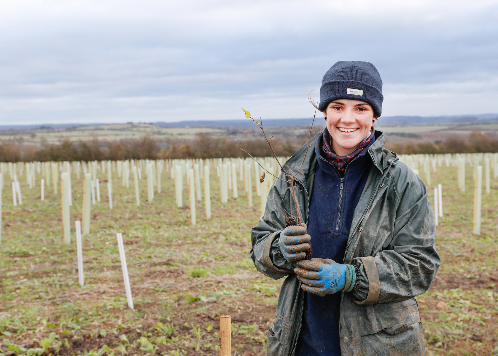 Melissa from our forestry team holding a tree sapling while stood in a field full of newly planted trees