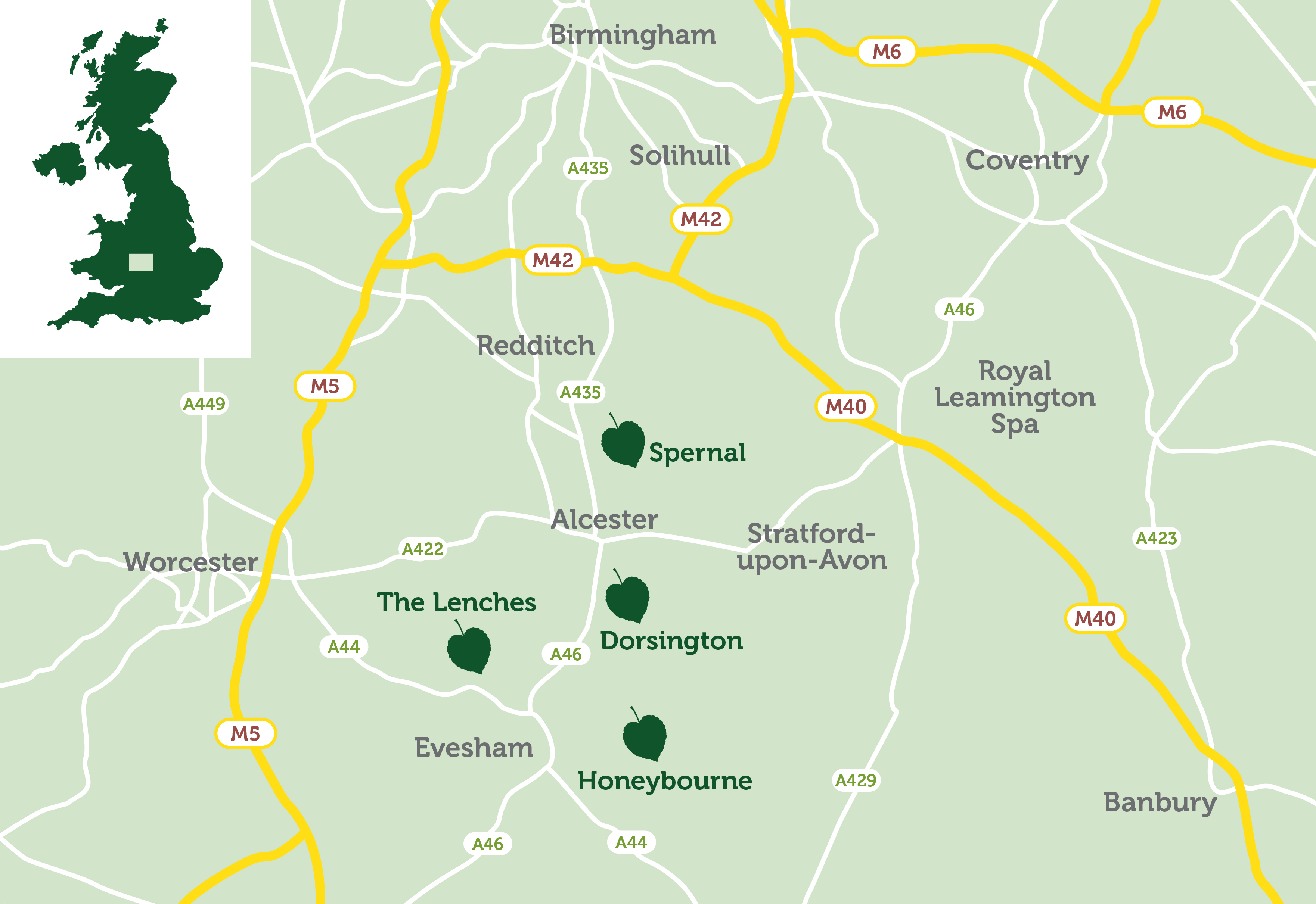 Overview map of the locations of the areas of the Forest in Warwickshire and Worcestershire 