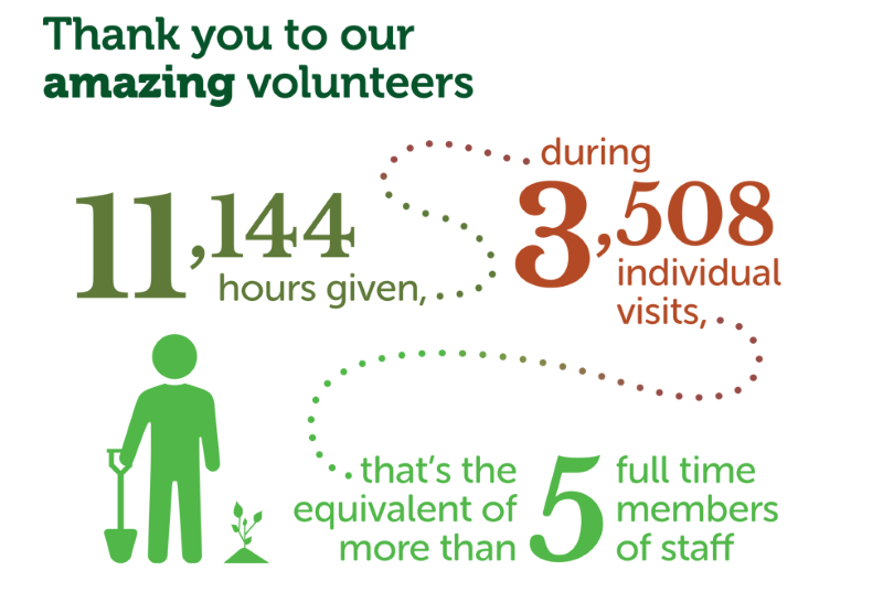 Infographic showing that 11,144 hours were given during 3,508 individual visits, that's the equivalent of 5 full time members of staff 