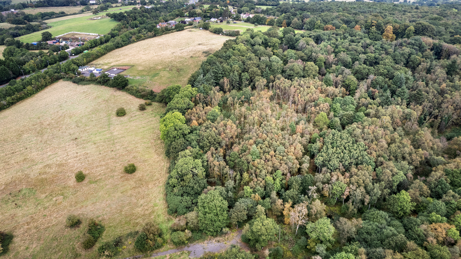 Aerial photo of woodland and fields at our Gorcott Hill site 
