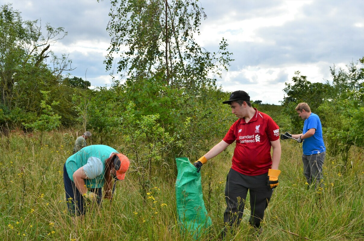 Supported interns, Matt, Rhiannon and Thomas removing tree guards