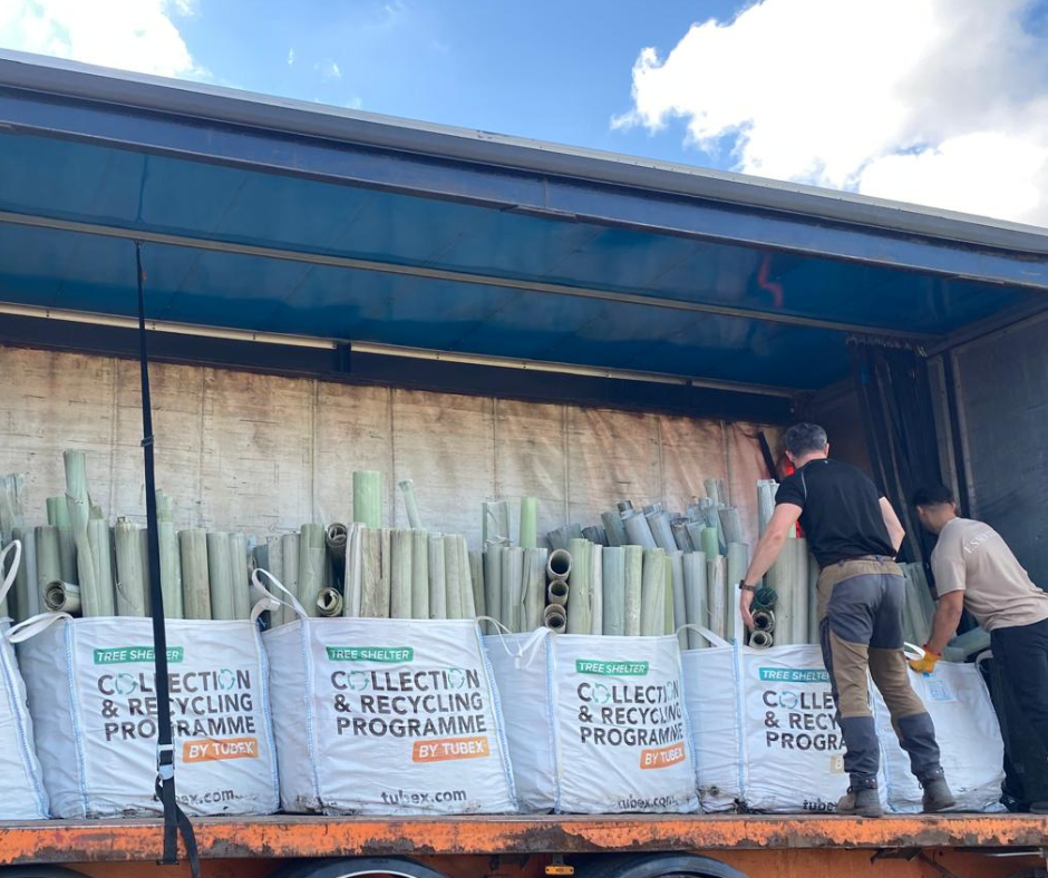 A lorry filled with tree guards heading off to TUBEX recycling centre