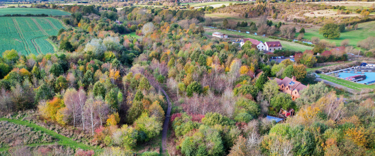 An aerial view of Dorothy's Wood with Forest Bank Moorings and the River Avon to the right