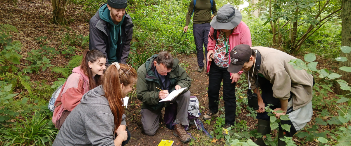 The group all crouched down together recording species they've found