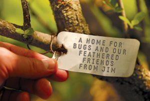 One of our tree tags that reads 'A home for bugs and our feathered friends, from Jim'