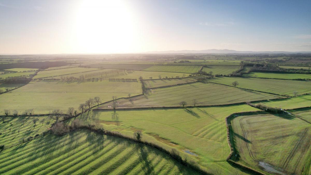 Aerial photo of land at Spernal Hall Farm in autumn sunshine