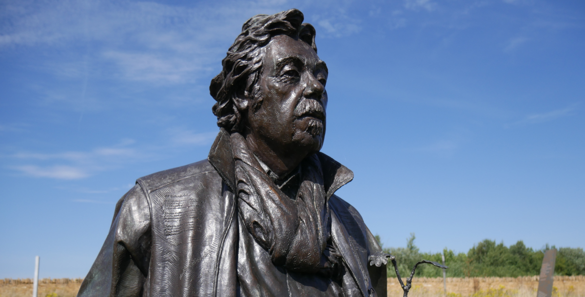 A close up of Felix Dennis' statue, which can be found on the founders walk.