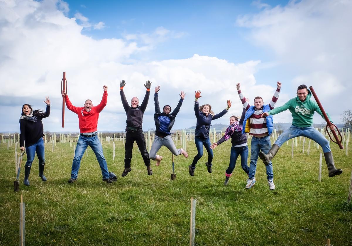 A line of people jumping for joy in a field in the Forest having enjoyed a day volunteering