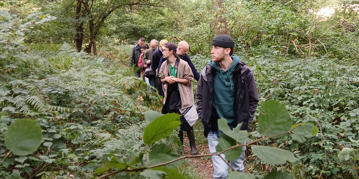 The Warwickshire Fungus Group looking out for fungi along a path in Alne Wood