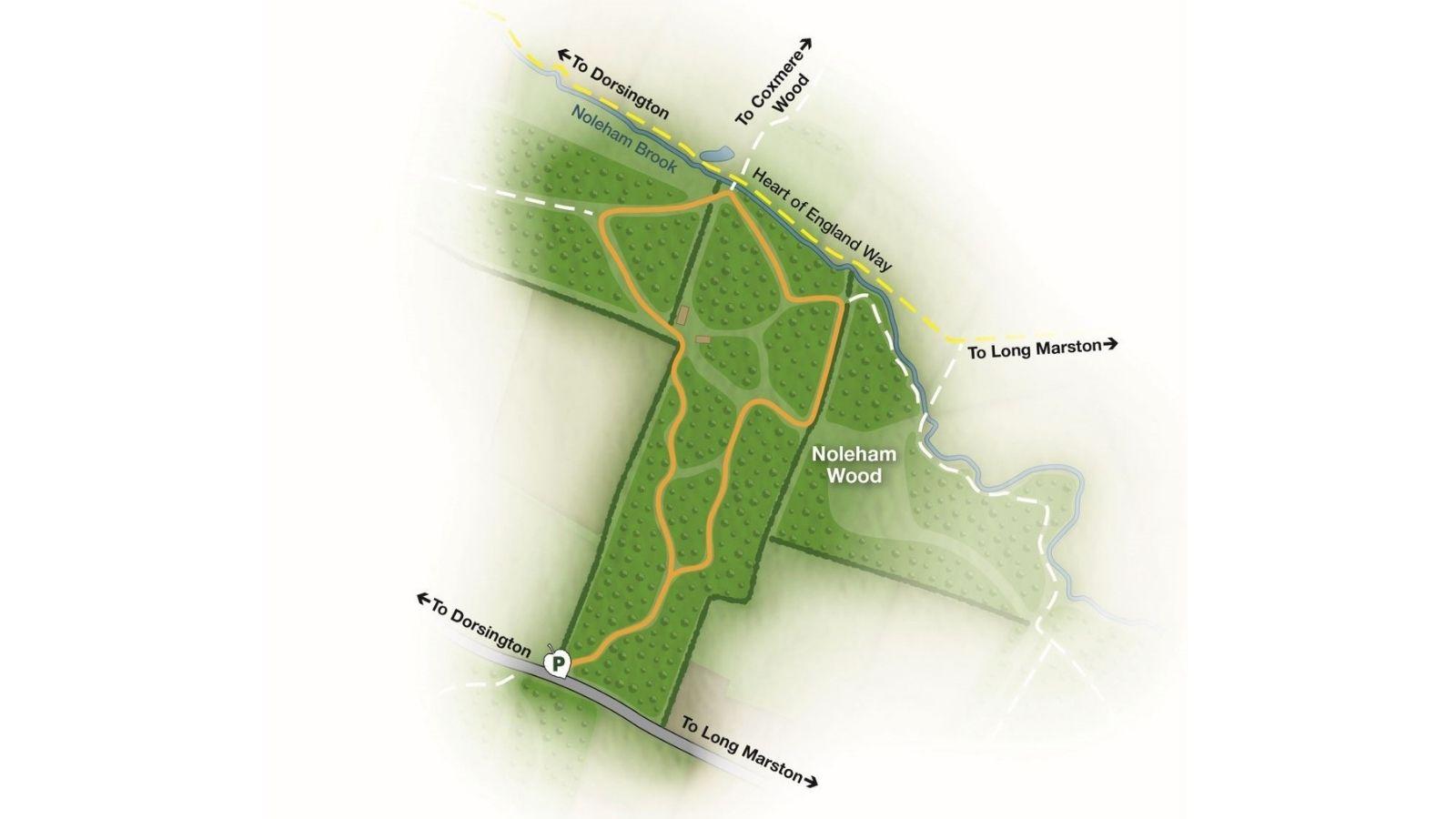 Map showing walking route in Giddings Wood 