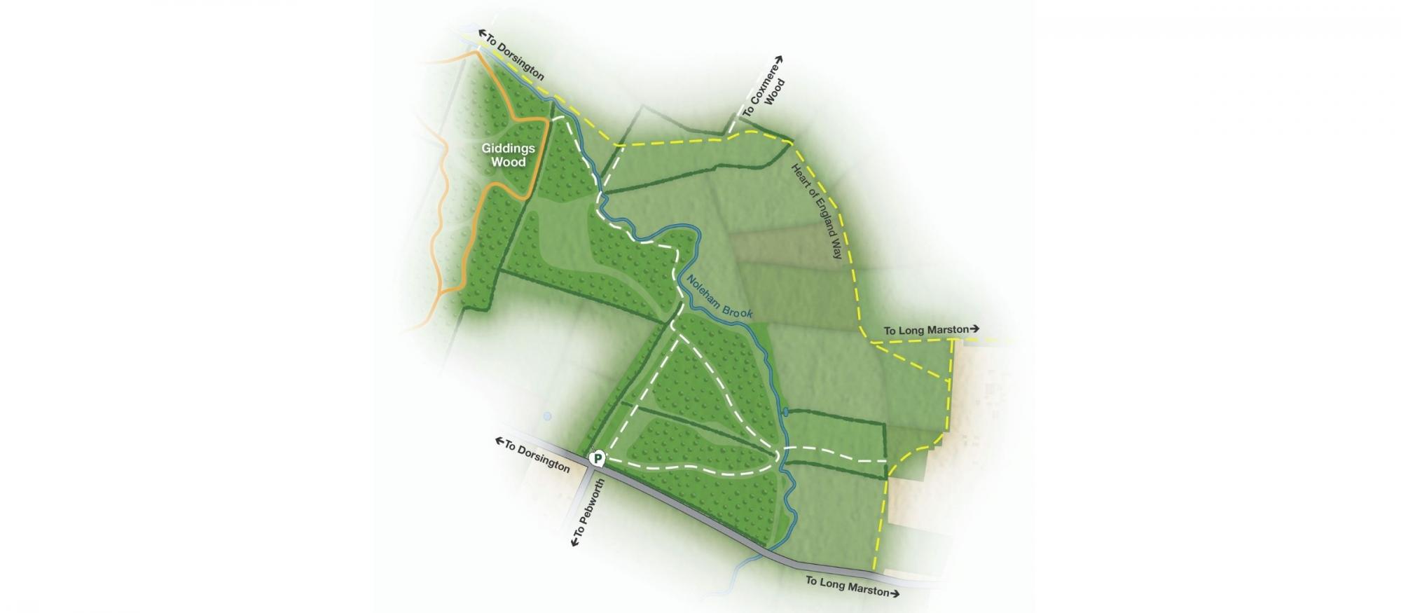 Map showing walking route at Noleham Wood