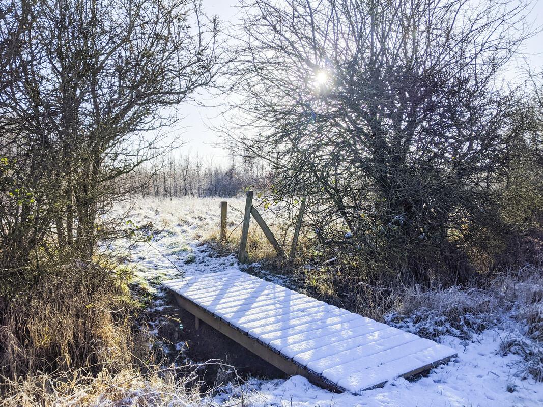 A snow covered bridge in the Forest in the winter sunshine 