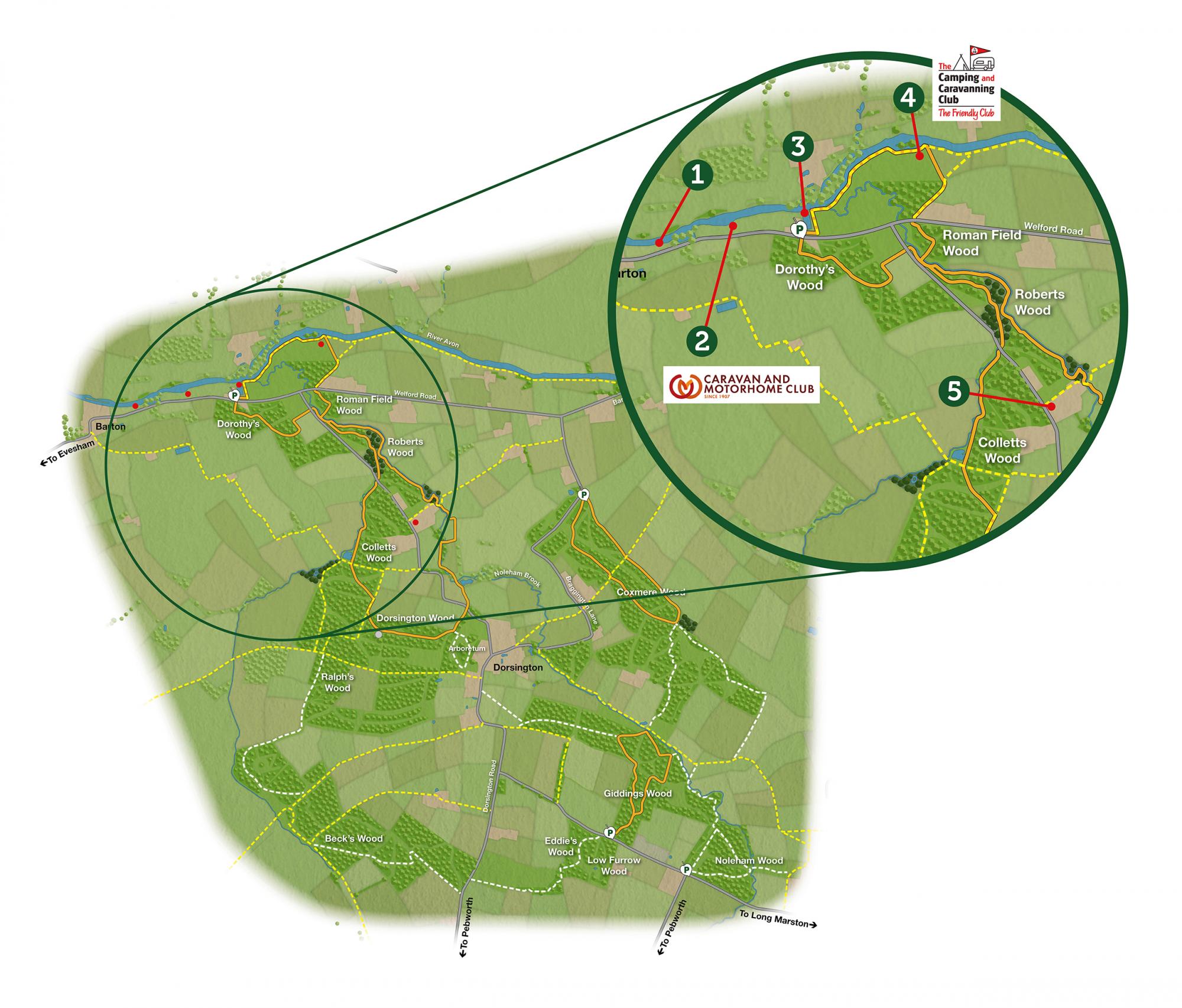 Map of the wider Forest area with a zoomed in section showing the locations of the various places to stay