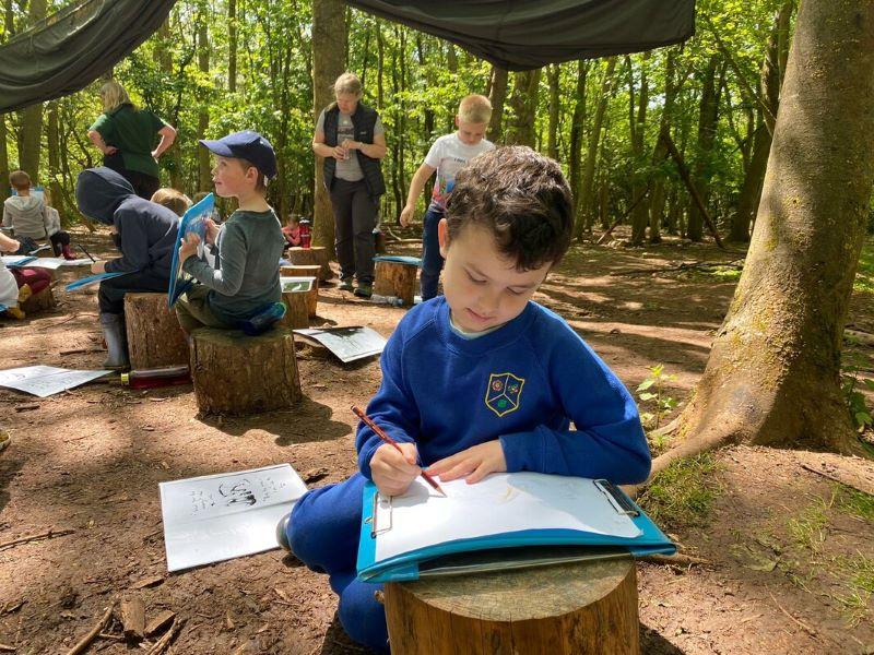 A school pupil sitting writing on a clipboard resting on a tree stump in the Forest with classmates behind