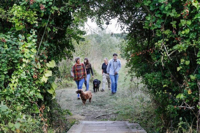 A family walking with their two dogs towards a bridge with green foliage all around