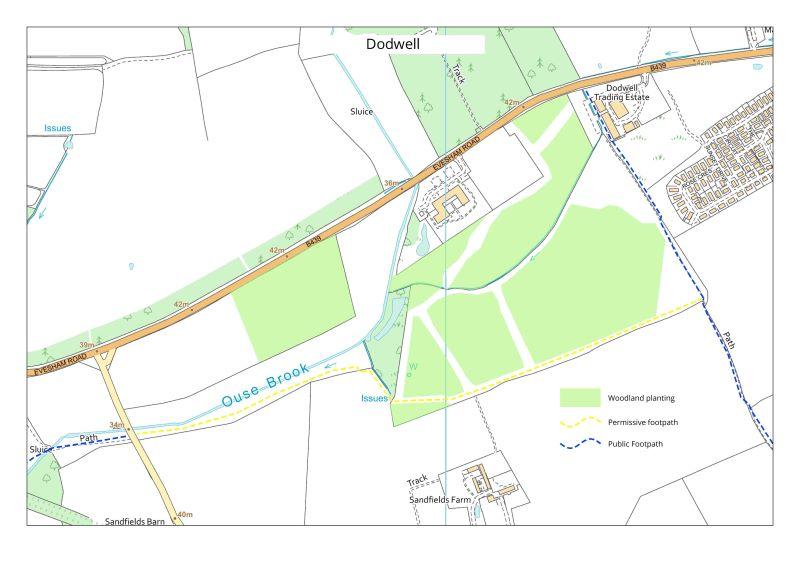 A map showing tree planting and footpaths at Dodwell 