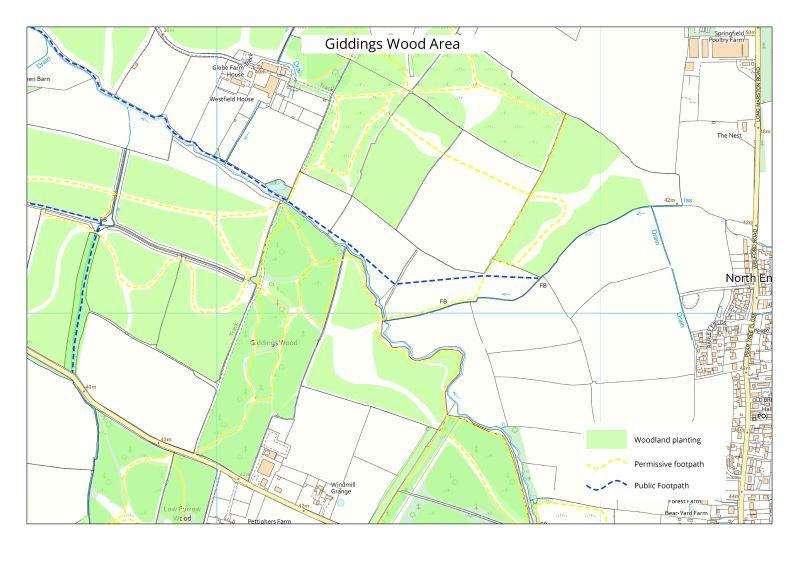 A map showing tree planting and footpaths at Dodwell 