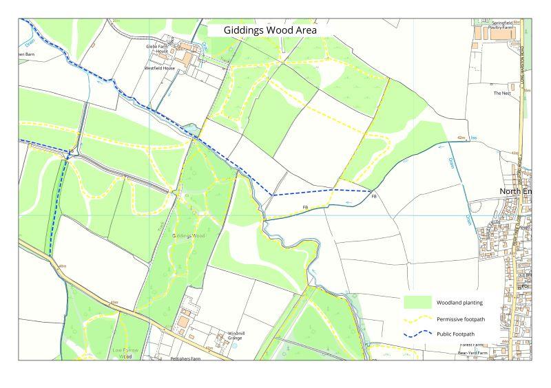 A map showing tree planting and footpaths at Dodwell