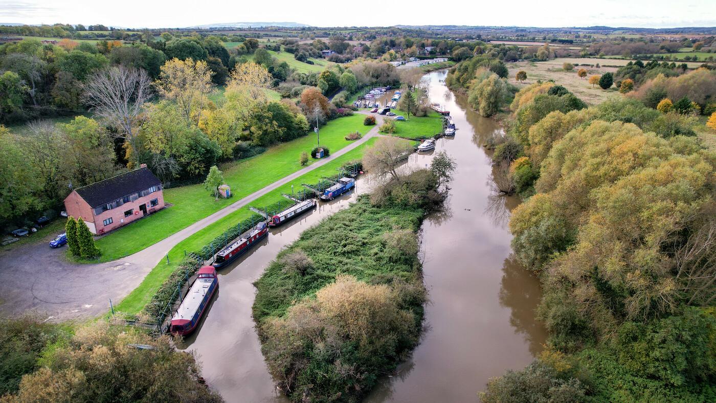 Aerial view of Dovecote moorings and the River Avon on a sunny day 