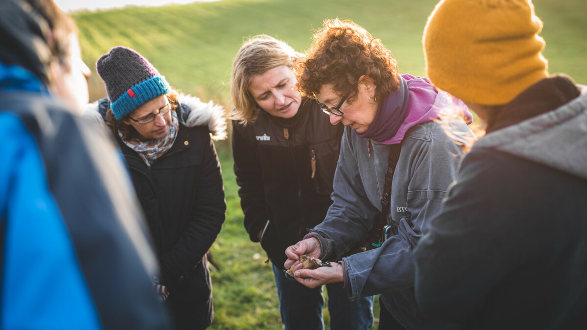 Leigh from the Redditch ringing group is holding a bird whilst explaining the marking to a group of Friends of the Forest