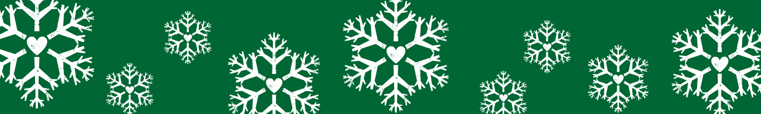 A green banner with different size white snowflakes scattered over it