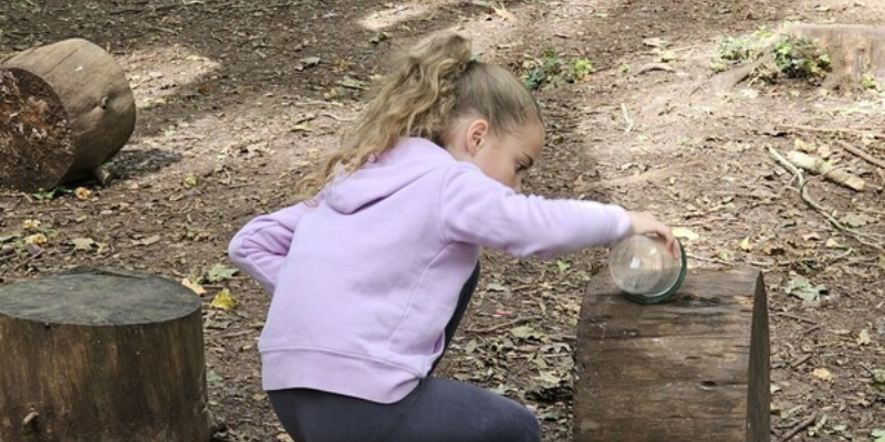 A young girl scooping up insects in an observation tube in the woodland