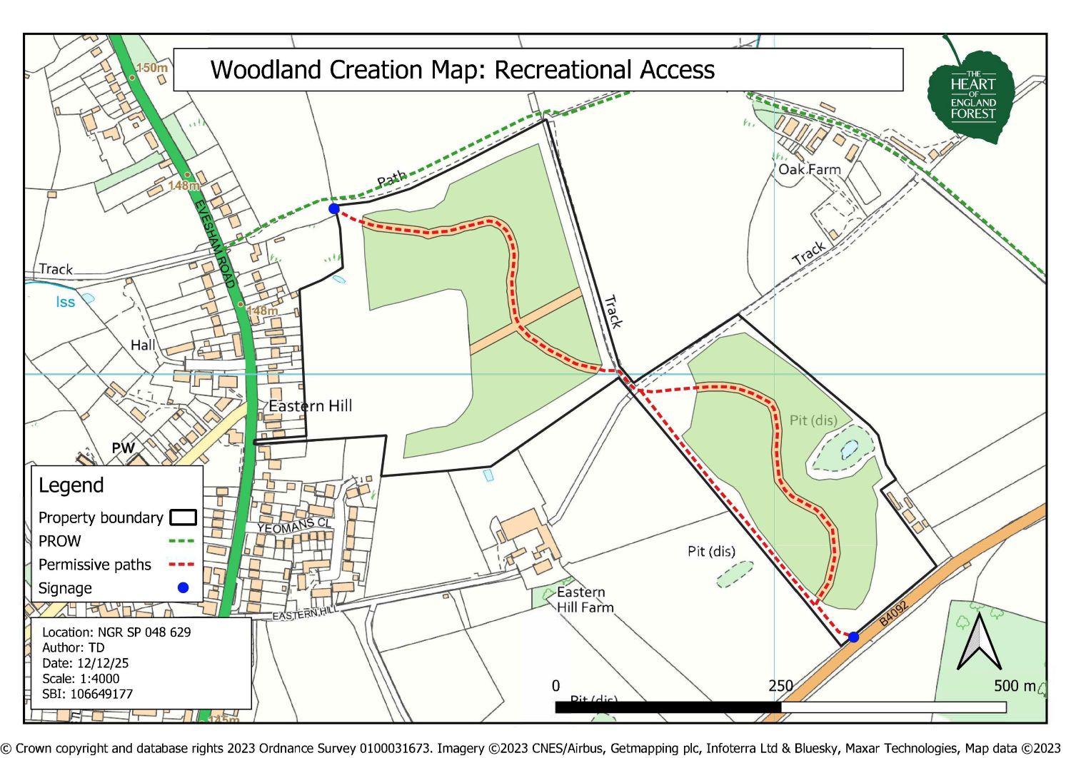 A map showing the Eastern Hill site with areas of planting and permissive paths marked up