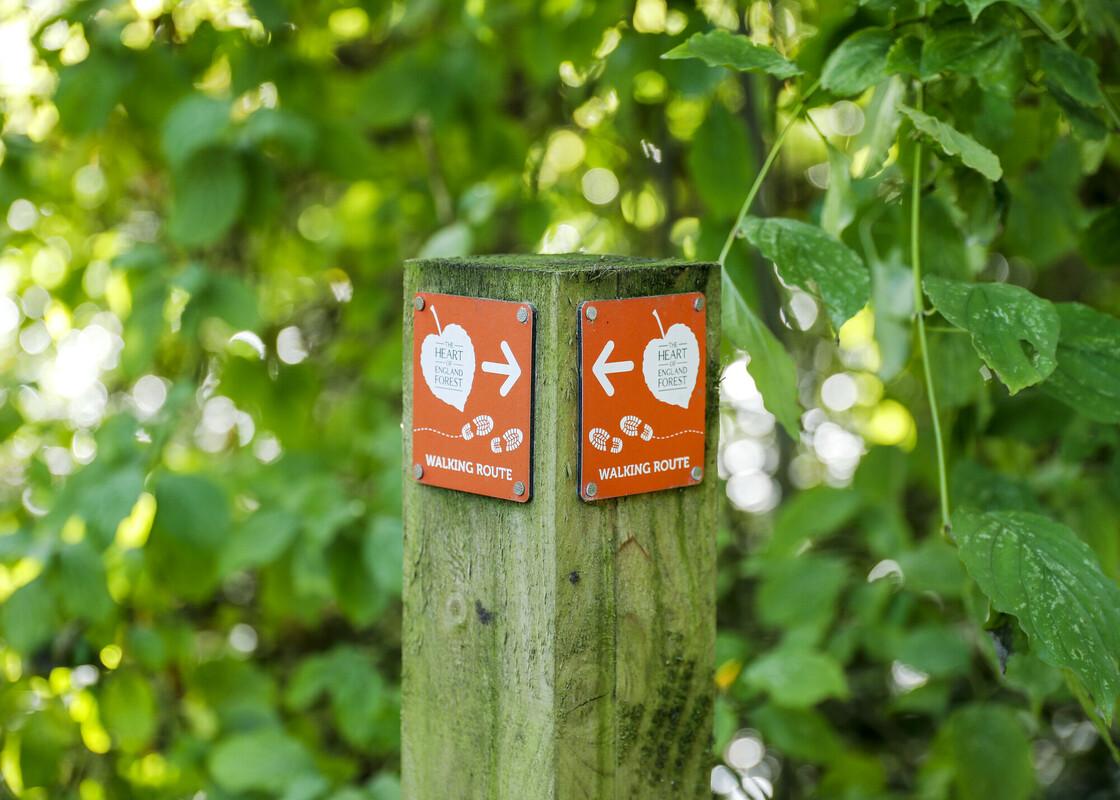 A close up of a waymaker post with walking routes branded on