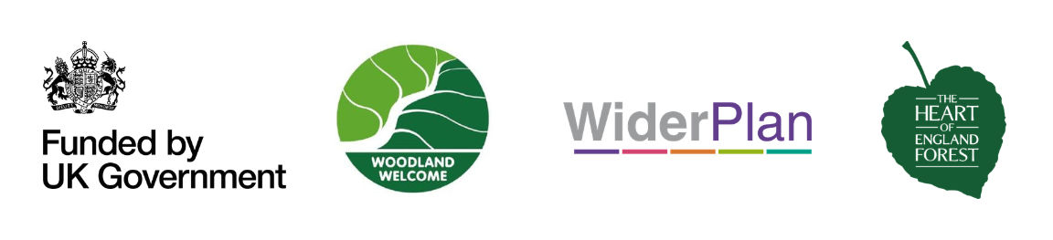 A row of logos: Funded by UK Government, Woodland Welcome, Wider Plan, and the Heart of England Forest
