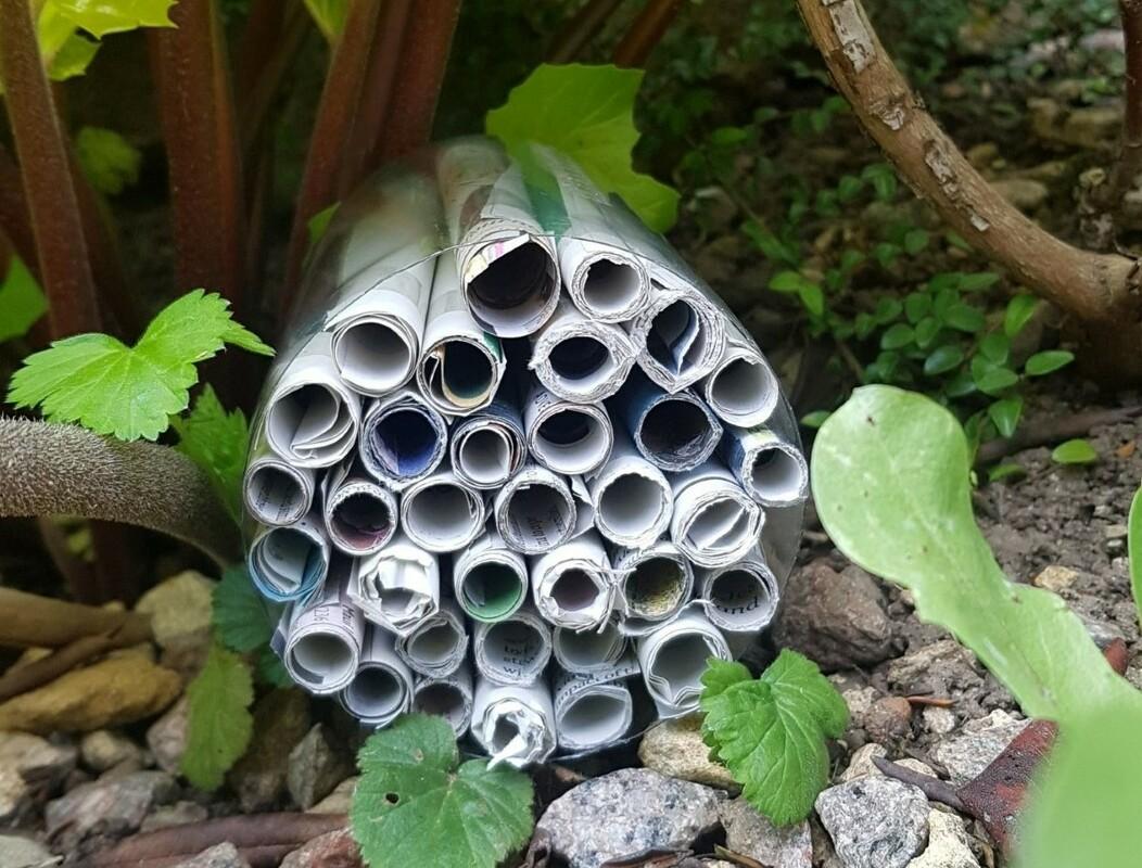 a bug hotel made from plastic and paper