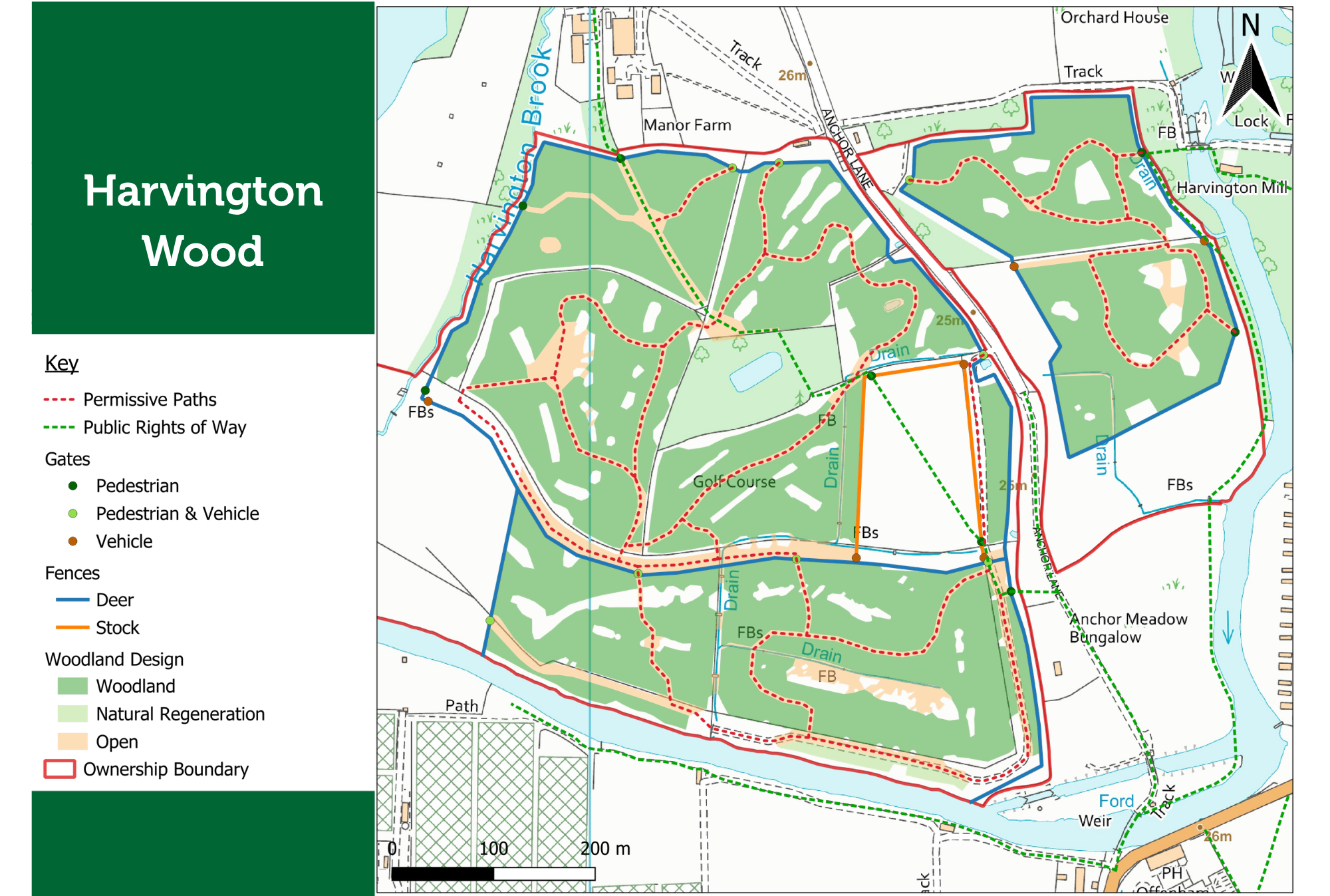 A map showing the Harvington Wood site with areas of planting and permissive paths marked up