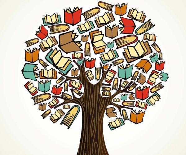 A cartoon tree with books for leaves