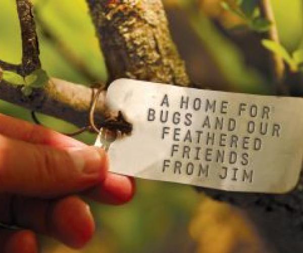 One of our tree tags that reads 'A home for bugs and our feathered friends, from Jim'