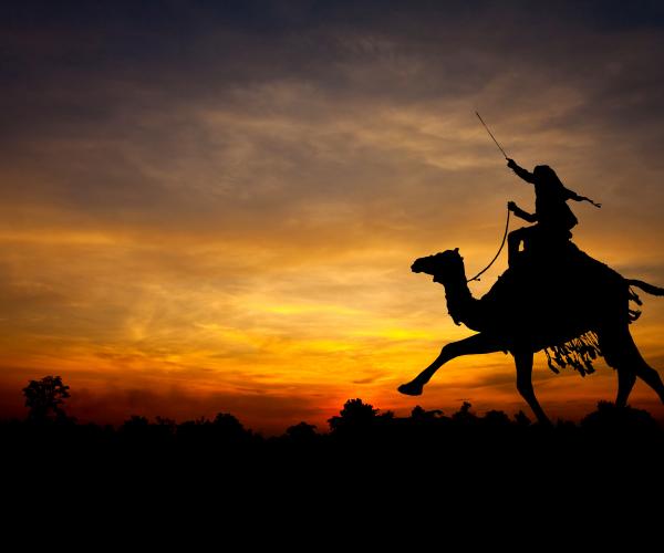 Silhouette of the Lawrence of Arabia sculpture against a sunset sky