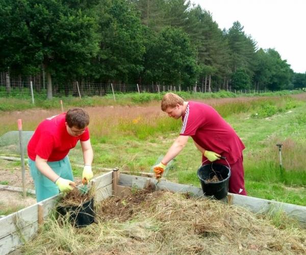 Two 6th form students with Special Educational Needs and Disabilities (SEND) working in the Forest tree nursery