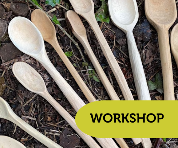 A selection of hand carved wooden spoons lay on the grass