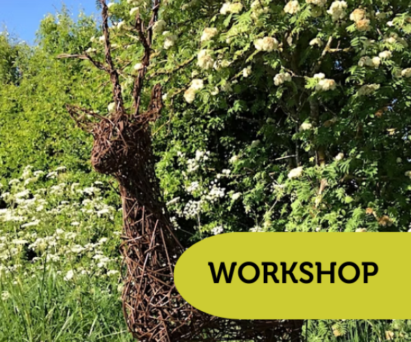 A deer crafted from willow sticks in a garden setting