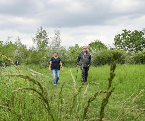 A male and female walking on a footpath through an open area of the Forest with grasses in the foreground