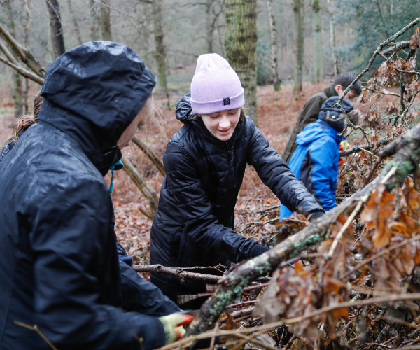 A group of young building a den in the forest