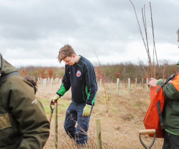 Senior Forest Ranger Ian is smiling and looking over at Apprentice Tobey before he plants a tree